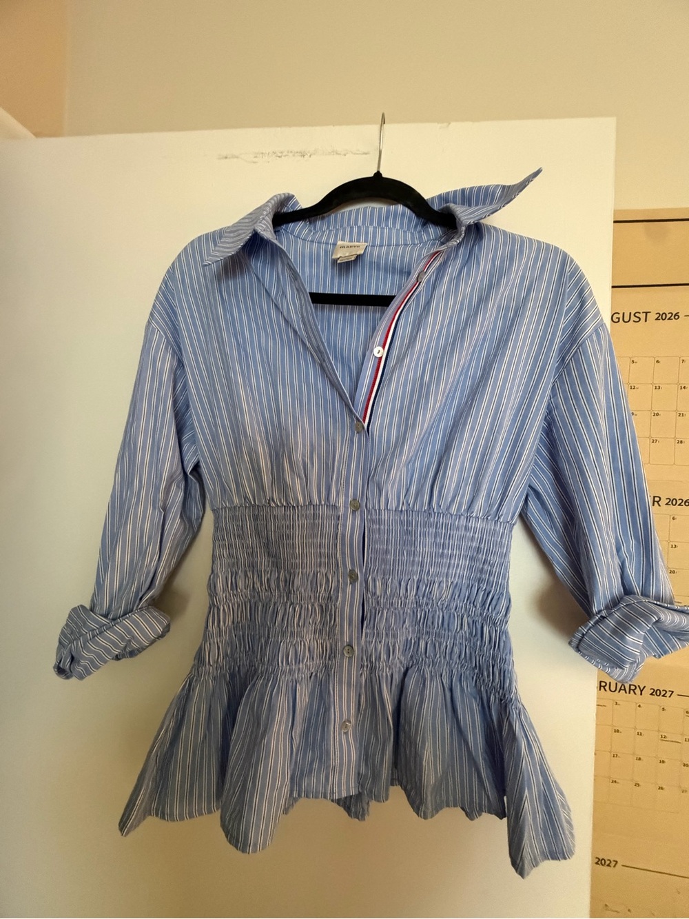 Maeve Anthropologie Blue and White Striped Smocked Button-Down Peplum Top